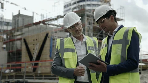Architects standing on construction site and using tablet Stock Footage 167023900