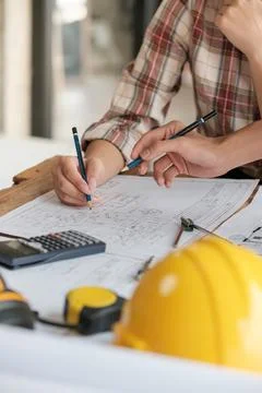 Architects talking at the table Teamwork and Workflow Creation Concepts, Close Stock Photos