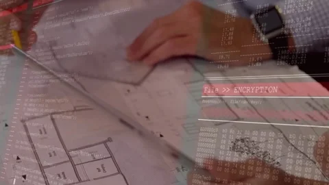 Architects using tablet and sketching lines causing transparent encryption Stock Footage 329771046