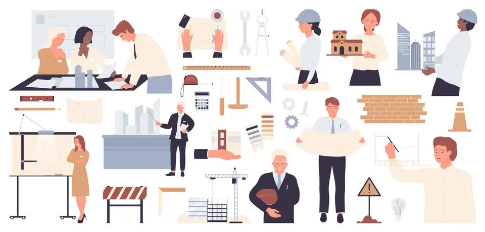 Architects at work on building projects set, engineer drawing blueprint, people Ilustración de archivo