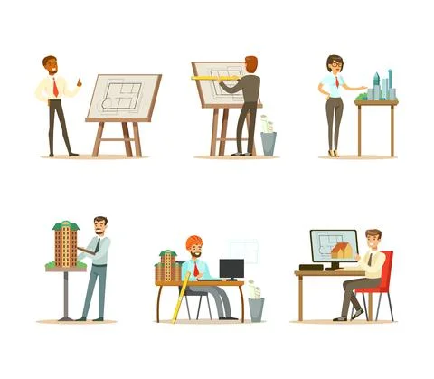 Architects Working on Architectural Plans Set, Construction Engineers Creating Ilustración de archivo