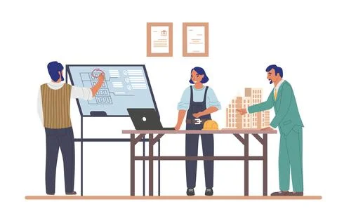 Architects working on architecture project of modern house building, flat vector Ilustración de archivo