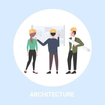 Architects working with blueprint engineers team discussing new building project Ilustración de archivo