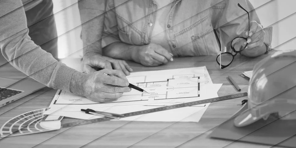 Architects working on blueprint, geometric pattern 스톡 사진