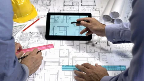 Architects working on blueprints  Stock Footage 210477229