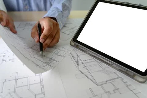 Architects working laptop  interior Architect workplace Construction concept  Foto stock
