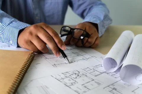 Architects working laptop  interior Architect workplace Construction concept  Foto stock