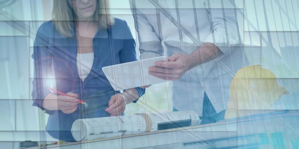 Architects working on plans, double exposure, geometric pattern Stock Photos
