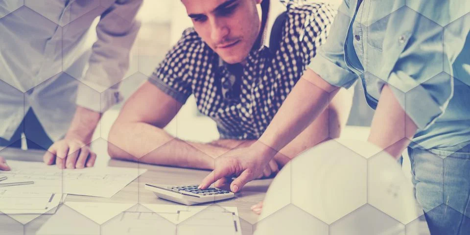 Architects working on plans, geometric pattern Stock-Fotos