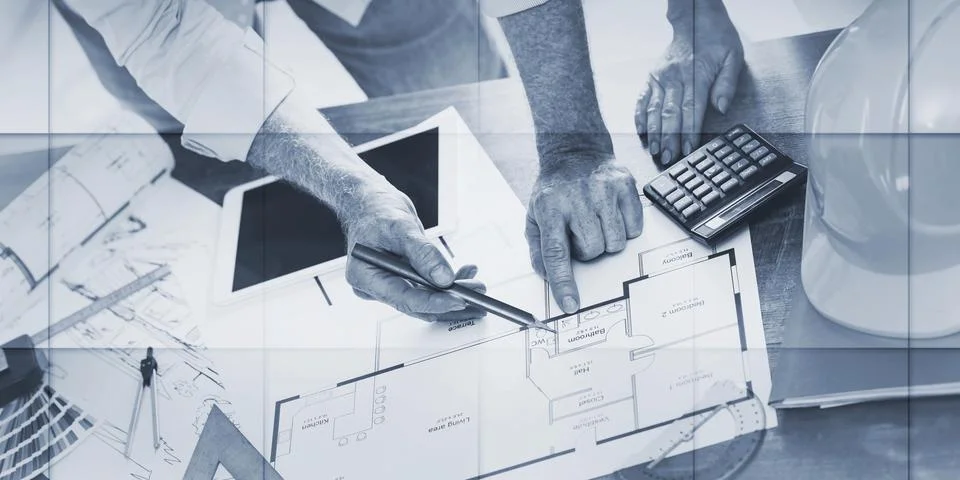 Architects working on plans, geometric pattern Stock Photos