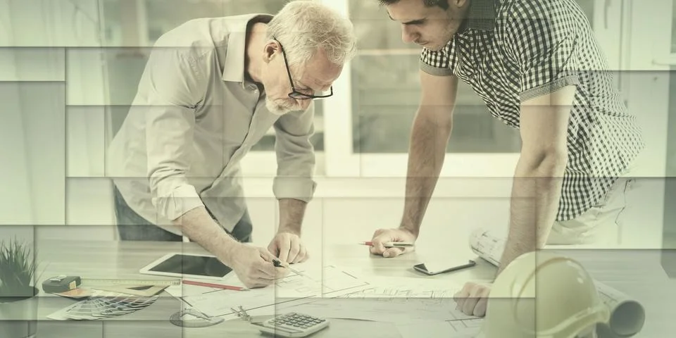 Architects working on plans, geometric pattern Stock Photos