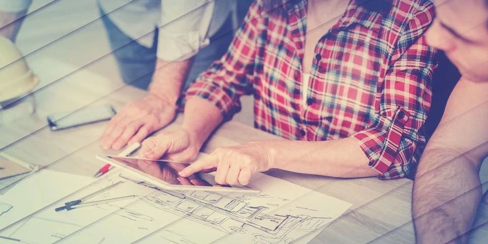 Architects working on plans, geometric pattern Stock Photos