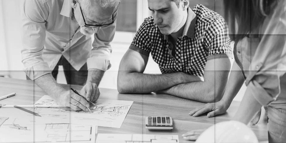 Architects working on plans, geometric pattern Stockfoto's