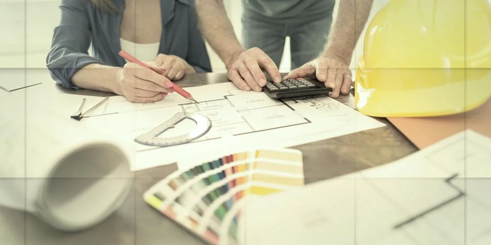 Architects working on plans, geometric pattern Stockfoto's