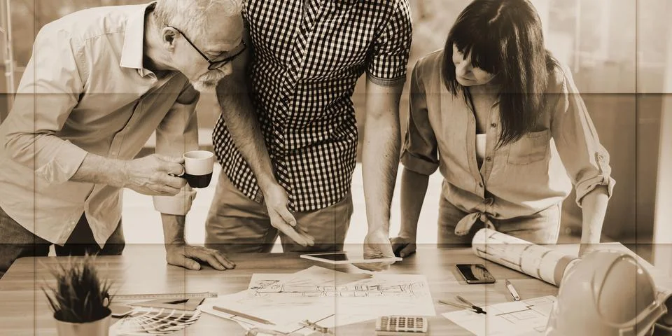 Architects working on plans, light effect, geometric pattern Stock Photos