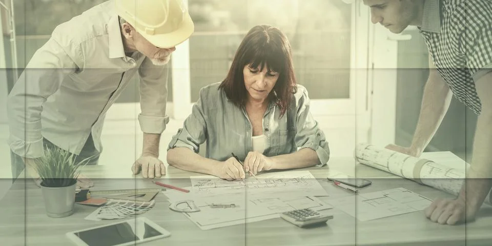 Architects working on plans, light effect, geometric pattern 스톡 사진