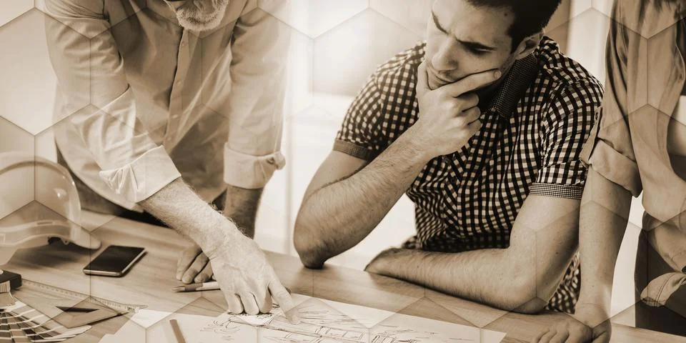 Architects working on plans, light effect, geometric pattern Stock Photos