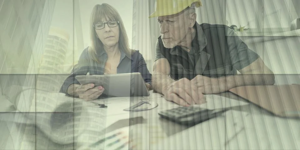 Architects working on plans, light effect, double exposure, geometric pattern Stockfoto's