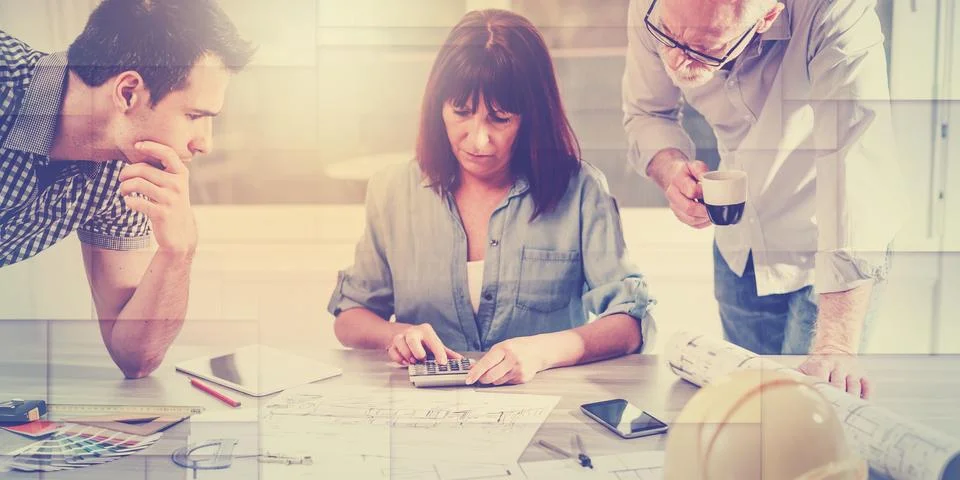 Architects working on plans, light effect, geometric pattern Stock Photos