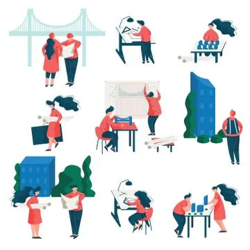 Architects Working on Projects Set, Male and Female Professional Engineers Stock Illustration