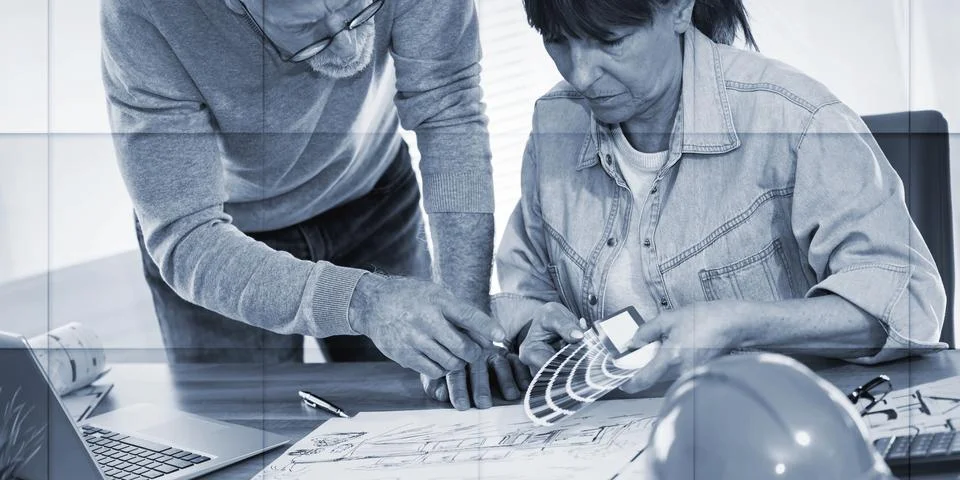 Architects working on sketch and using color swatch, geometric pattern Foto stock