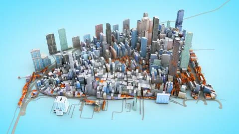 Architectural 3D model illustration of a large city on a blue background Stock Illustration
