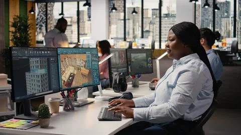 Architectural 3D software, interior design engineer, african american, architect Stock Photos