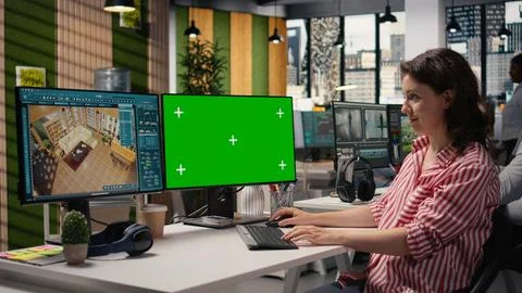 Architectural 3D software, isolated chroma key, woman at computer Stock Photos
