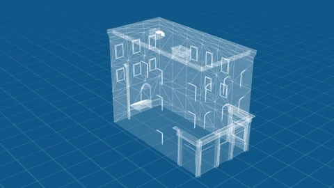 Architectural 3D Wireframe Model of a Building Structure on a Grid Background Vídeos de archivo 344733010