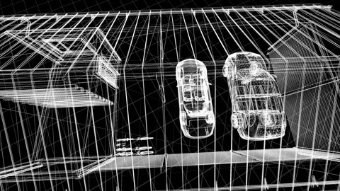 Architectural 3D Wireframe of Modern Structure and Vehicle Integration Stock Footage 344720822