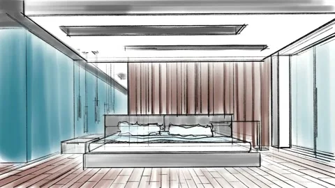 Architectural abstract interior sketch of a modern bedroom. Stock Footage 197604596
