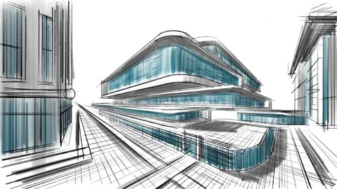 Architectural abstract sketch of a complex of buildings. Stock Footage 190362233
