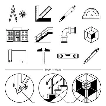 Architectural and engineering icons set including compass, ruler, building,.. Stock Illustration