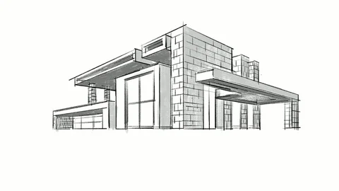 Architectural animated hand drawn sketch of a complex of buildings Stock Footage 127217543