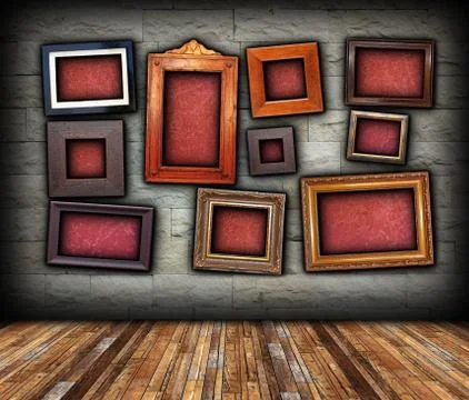 Architectural backdrop with frames on stone wall Stock Illustration
