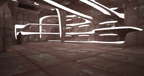 Architectural background. Abstract rusted metal smooth interior with neon Stock Footage 130042872