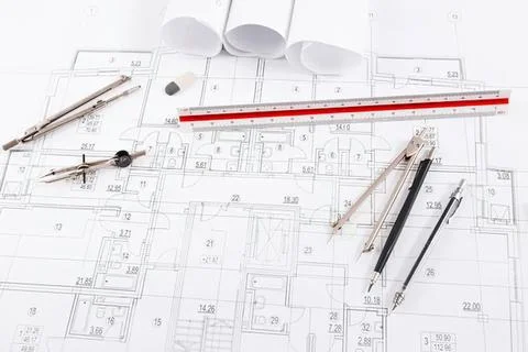 Architectural blueprint with drawing tools and ruler Stock Photos