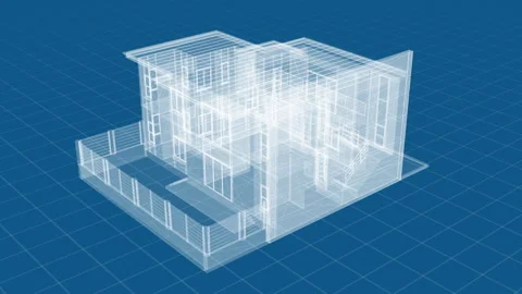Architectural Blueprint of Modern House in Digital Wireframe Visualization Stock Footage 344715630