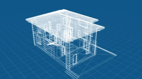 Architectural Blueprint of a Modern House Structure - 3D Wireframe Design V.. Stock Footage 344717204