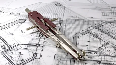 Architectural blueprint &amp; professional tool - compasses Stock Footage 92962968