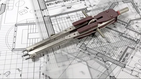 Architectural blueprint &amp; professional tool - compasses Stock Footage 93117166