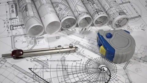 Architectural blueprint &amp; professional tool - compasses Stock Footage 93543759