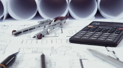 Architectural blueprints and tools close-up Stock Footage 60620364