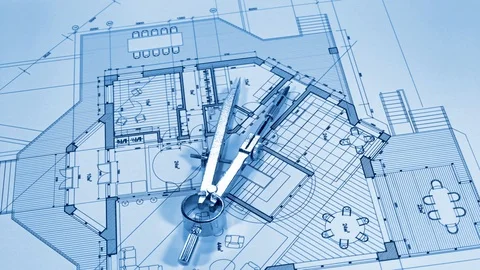 Architectural Blueprints - architectural plan of a modern house and compass Stock Footage 94563319