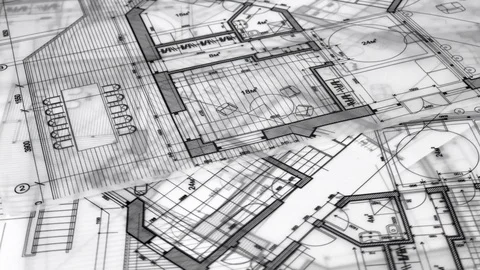 Architectural Blueprints - architectural plan of a modern house Stock Footage 96411371