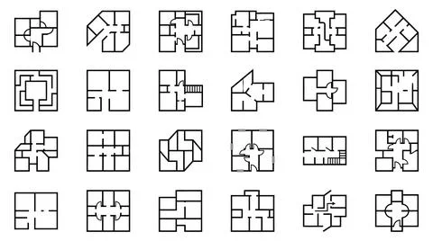 Architectural blueprints collection black and white outlines. Stock Illustration