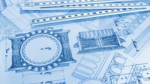 Architectural Blueprints - compass, roulette, drawing of the golden section Stock Footage 94563574