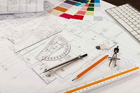 Architectural blueprints with drawing tools and color palette Stock Photos
