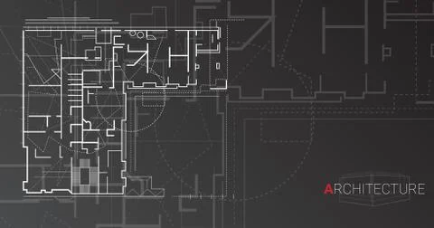 Architectural Building Floor Plan On Dark Gray Background, Illustration Ilustración de archivo
