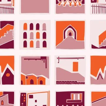 Architectural Buildings Vector Seamless Pattern. Paper Cut Style Collage Stock Illustration